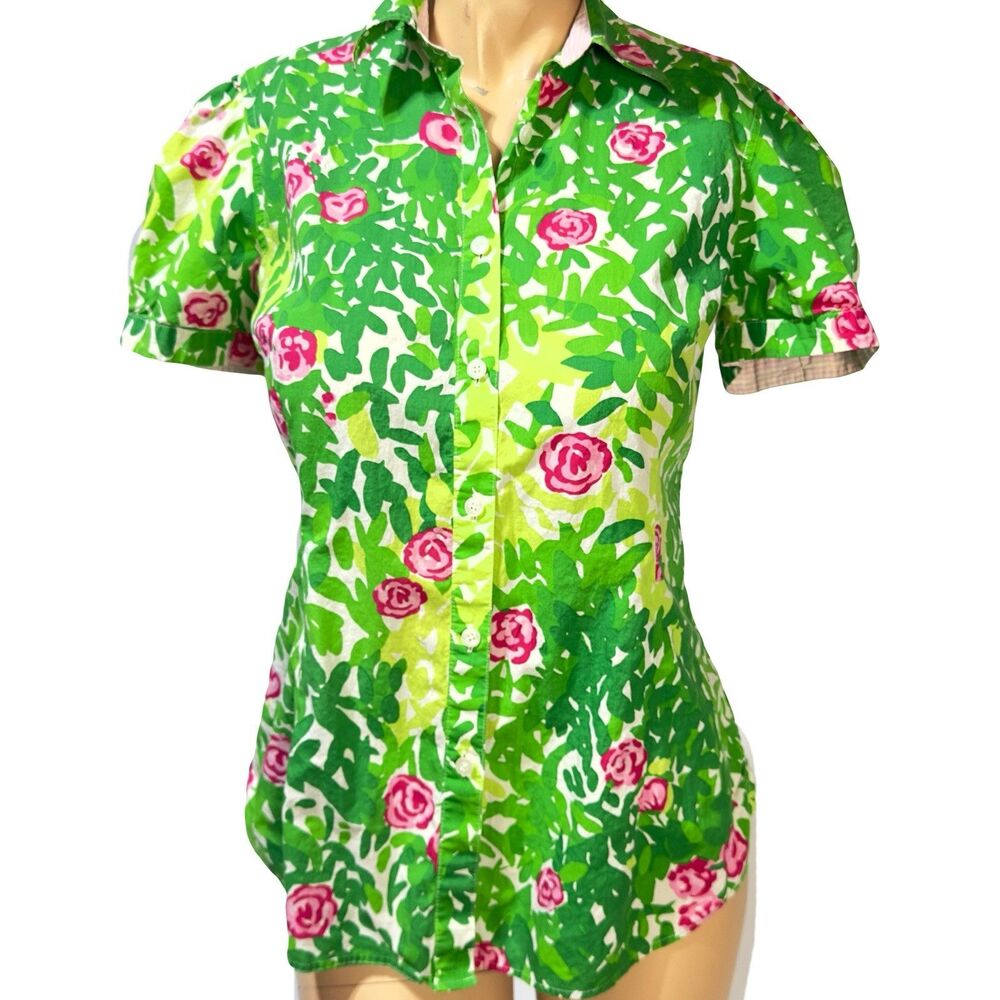 Lilly Pulitzer Jonni Floral Button Up Shirt Short Sleeve Blouse Size 12 Green